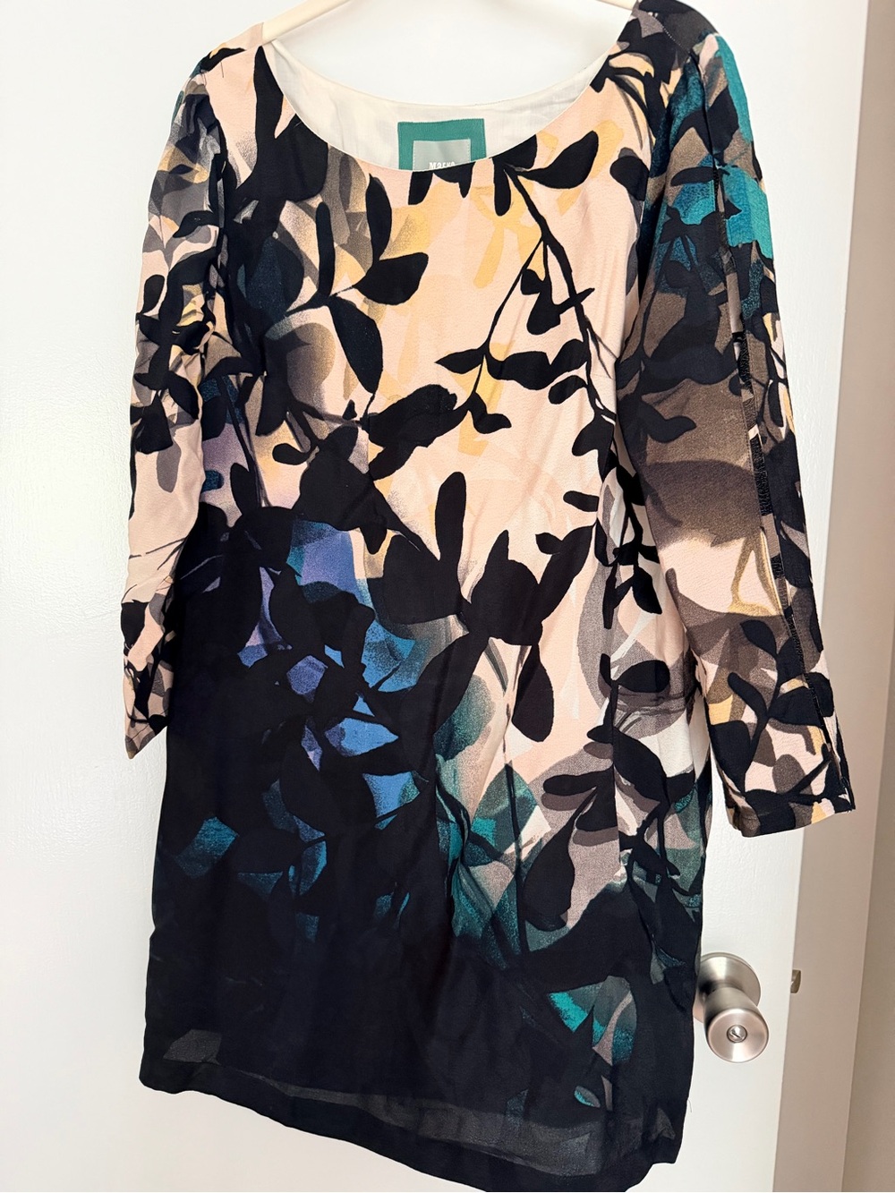 Maeve Printed Dress with Teal & Black Leaf Motif